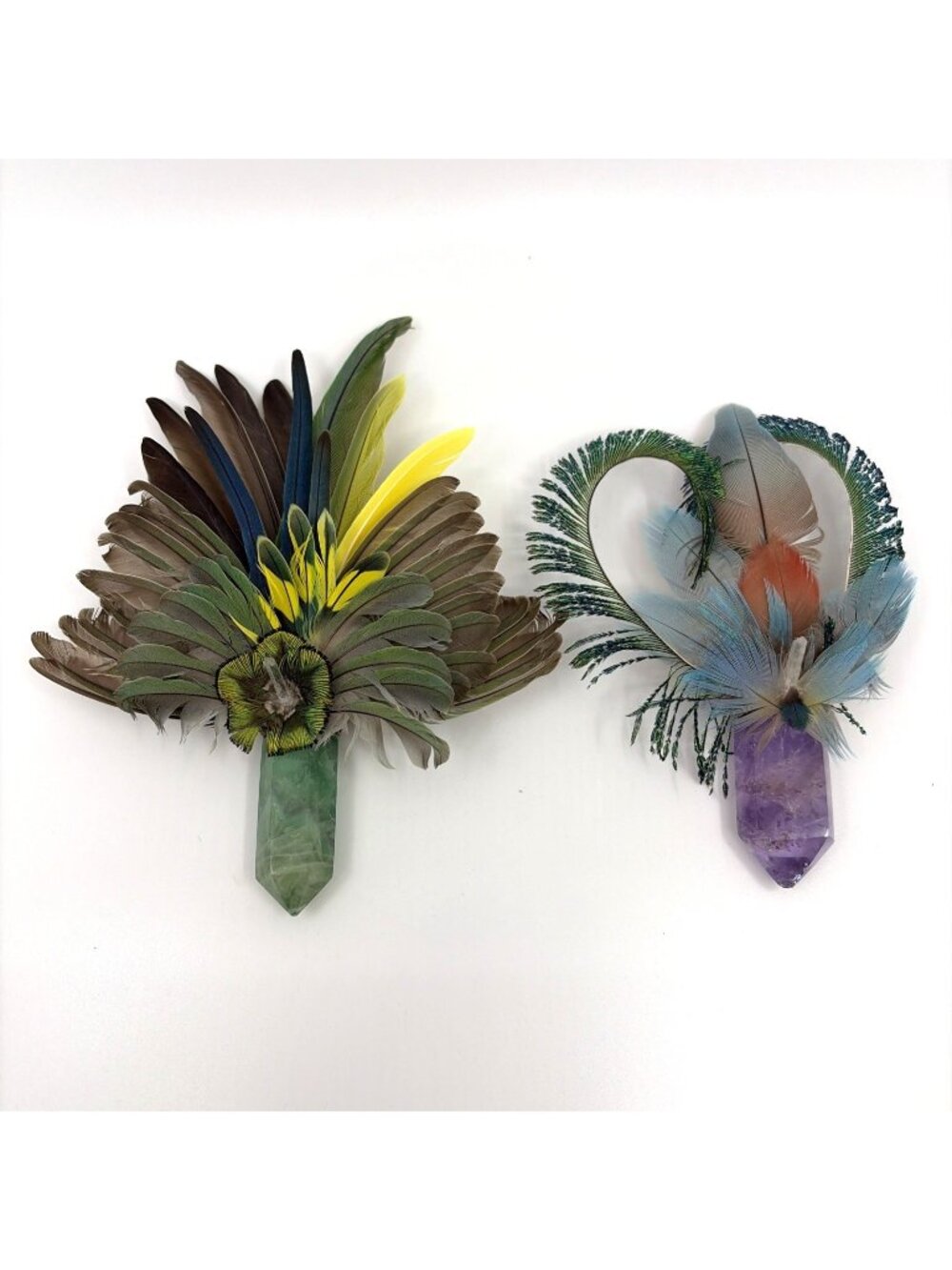 Sacred Cleansing Ritual Set 2 Feather Wands Crystal Handles Spiritual Decor